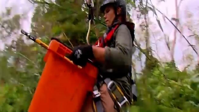 Sunrise host Edwina Bartholomew is slung beneath a helicopter before being dropped into 15-foot cane grass near a crocodile nest with Matt Wright.