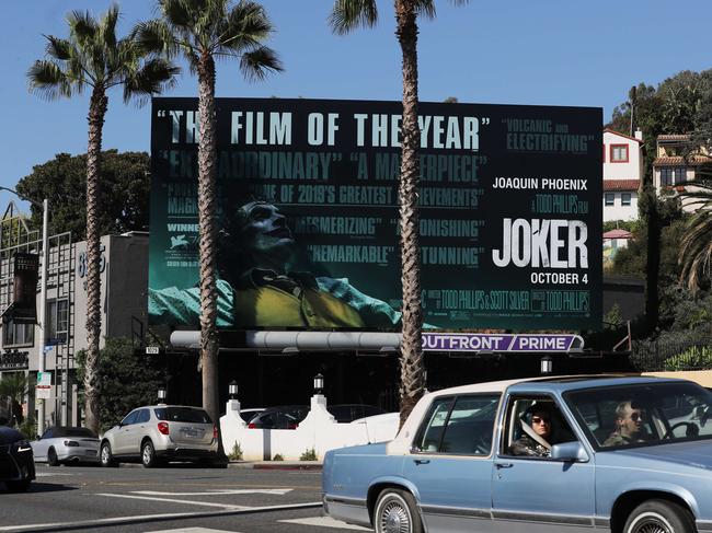 ‘Film of the year’. A billboard for Joker on Sunset Boulevard in West Hollywood. Picture: AFP