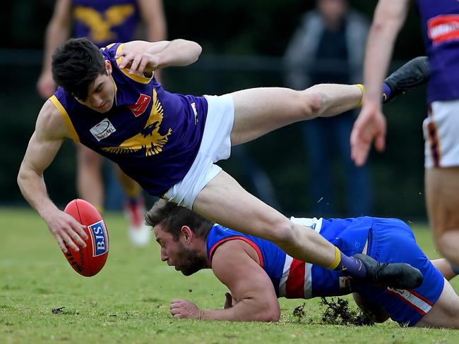 Sam Wadley  and Nicholas Molnar in action during the EFL (Div 1) Sth Croydon v Vermont football match in Sth Croydon, Saturday, June 23, 2018. Picture:Andy Brownbill