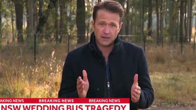 Channel 7 reporter Matt Doran reporting on the Hunter Valley wedding bus tragedy. Picture: 7 News