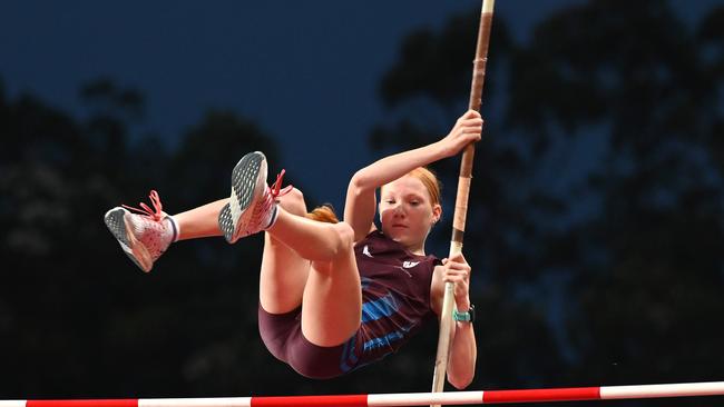 Action in the pole vault on Day 1 of the Queensland All Schools track and field championships at QSAC. Picture, John Gass