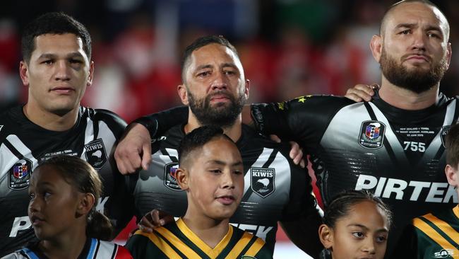 An emotional Benji Marshall during the New Zealand national anthem. Photo: Fiona Goodall/Getty Images