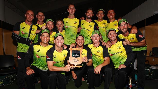 Australia celebrate after winning the International Twenty20 Tri Series Final.