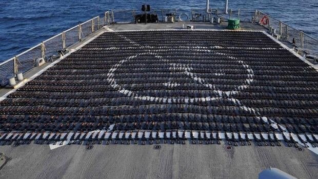 AK-47 assault rifles seized from a vessel transiting along a maritime route from Iran to Yemen from an operation earlier in January. Picture: US Navy Central Command via Reuters