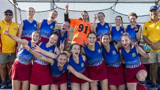 Brisbane celebrate the win against Gold Coast in Hockey Queensland Championships women's final at Clyde Park, Monday, May 3, 2021. Picture: Kevin Farmer