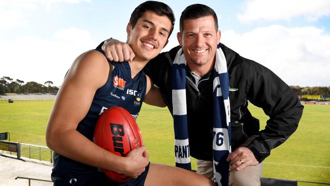 South Adelaide draft prospect Hayden Sampson with his dad Clay Sampson. Picture: Tricia Watkinson