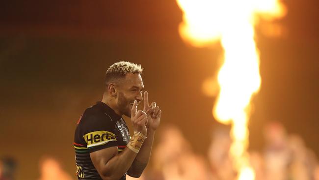 Penrith's Apisai Koroisau celebrates a try by Penrith's Stephen Crichton during the Penrith Panthers v Melbourne Storm NRL match at Campbelltown Stadium, Sydney. Picture: Brett Costello