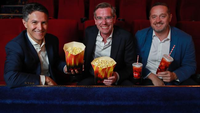 Minister for Customer Service Victor Dominello, NSW Treasurer Dominic Perrottet and CEO of events cinemas Luke Mackey at Event Cinemas, Burwood. Picture: Justin Lloyd