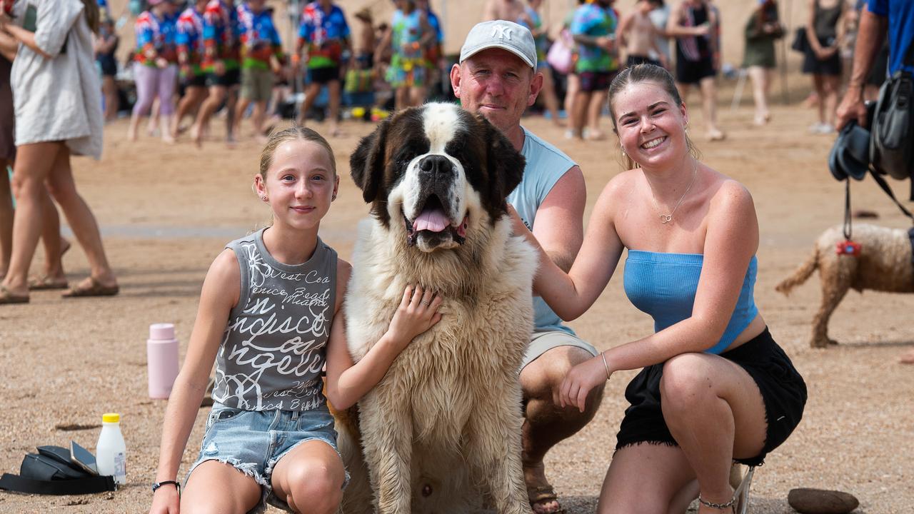 Taylor feather, John feather, Allira Reid and Archie feather (dog) at the Darwin Beer Can Regatta at Mindil Beach, 2023. Picture: Pema Tamang Pakhrin