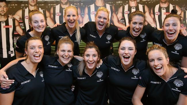 Collingwood’s inaugural Super Netball roster (from back left): Alice Teague-Neeld, April Brandley, Caitlin Thwaites, Ash Brazill, Madi Robinson, Micaela Wilson, Cody Lange, Kim Ravaillion, Sharni Norder, Shae Brown. Photo: Wayne Ludbey.