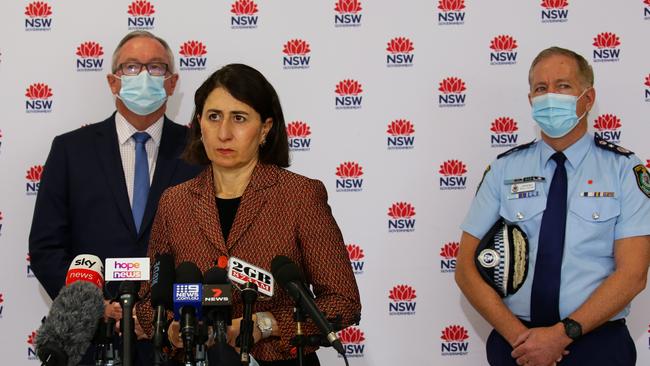 NSW Premier Gladys Berejiklian, Health Minister Brad Hazzard, and Police Commissioner Mick Fuller provide an update on COVID-19 in Sydney. Picture: NCA Newswire /Gaye Gerard