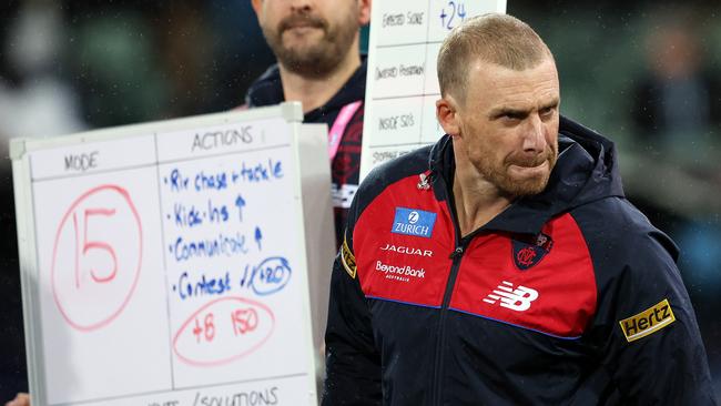 ADELAIDE, AUSTRALIA - MAY 19: Simon Goodwin, Senior Coach of the Demons during the 2023 AFL Round 10 match between Yartapuulti/Port Adelaide Power and Narrm/Melbourne Demons at Adelaide Oval on May 19, 2023 in Adelaide, Australia. (Photo by Sarah Reed/AFL Photos via Getty Images)