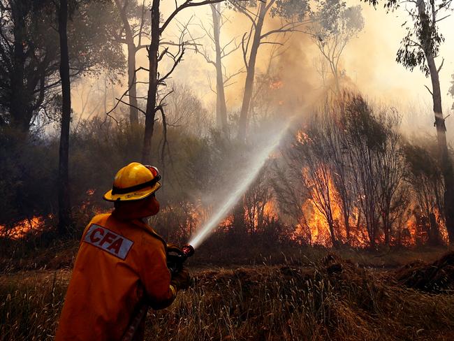 Continuing coverage of fires in Trafalgar West Gippsland, started by a lightning strike. CFA members battle a fire threatening to break containment lines near O'Briens Rd in Westbury. pic by Alex Coppel