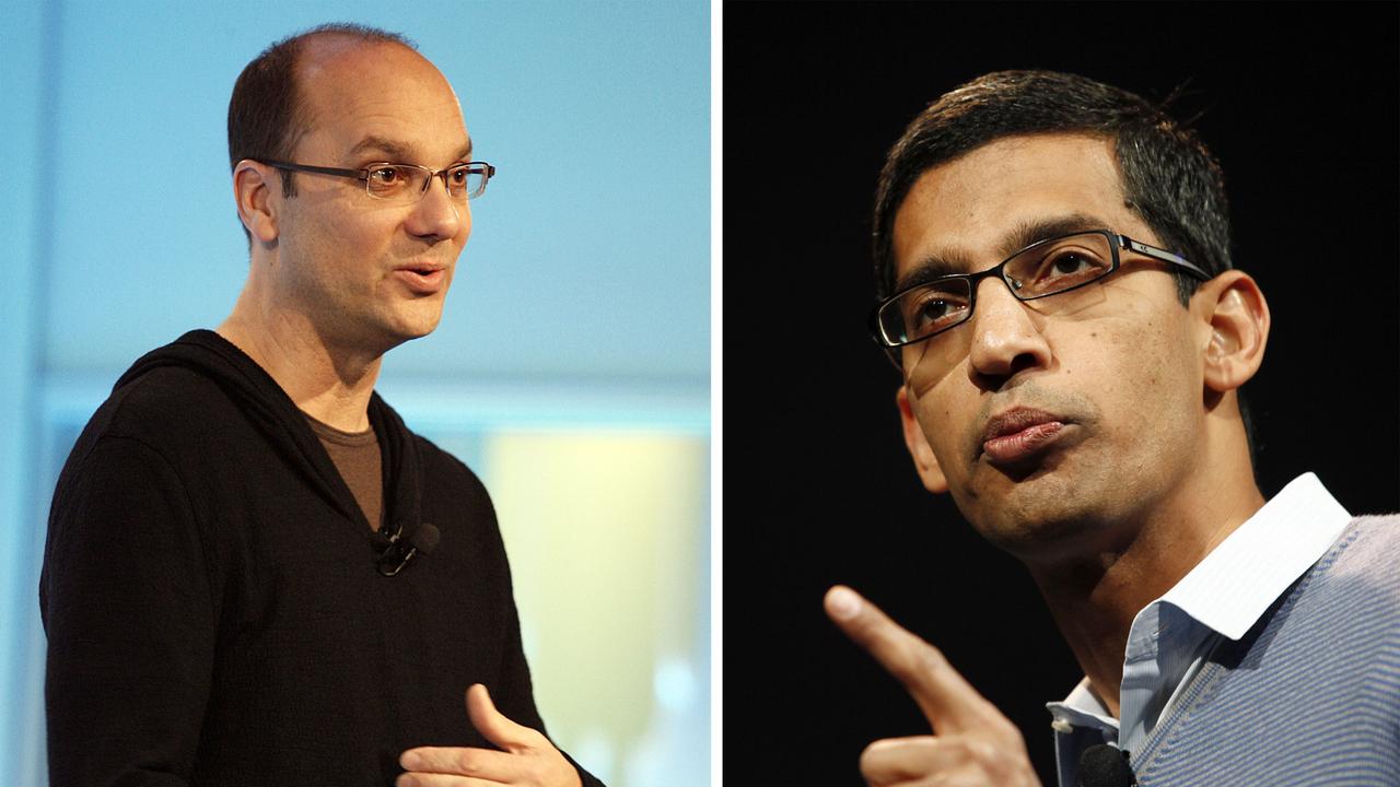 Andy Rubin (L) was asked to leave Google in 2014. A year earlier Sundar Pichai (R) had replaced him as overseer of the Android software platform. Mr Pichai is now the CEO of Google, and dealing with some of the problems Rubin left behind. Picture: AFP PHOTO/KIMIHIRO HOSHINO