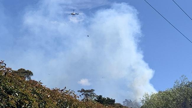 A water bombing helicopter fights a bushfire at Glenlusk near Collinsvale. Picture: CAMERON WHITELEY