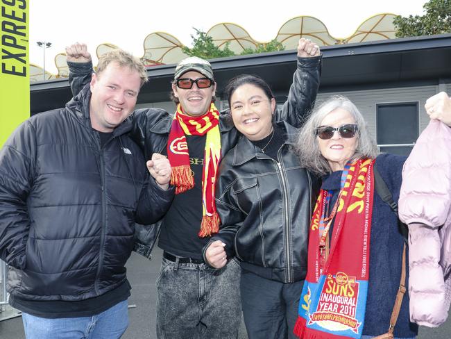 Patrick Nimmo, Reith Fraser, Jennifer Clements and Bernadette Nimmo before the Suns V Freo at People First Stadium Cararra. Picture: Glenn Campbell