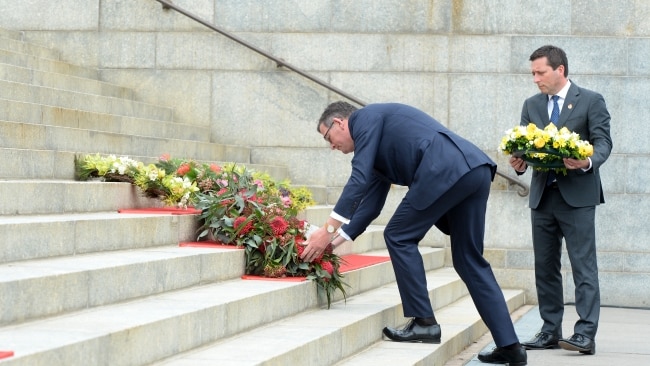 Victorian Premier Daniel Andrews and Opposition Leader Matthew Guy lay wreaths at the Remembrance Day ceremony at the Shrine of Remembrance in Melbourne. Picture: NCA NewsWire / Andrew Henshaw