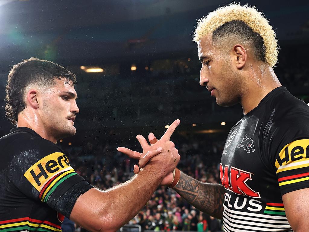 Nathan Cleary and Viliame Kikau of the Panthers celebrate winning their way into the grand final. Picture: Mark Metcalfe/Getty Images