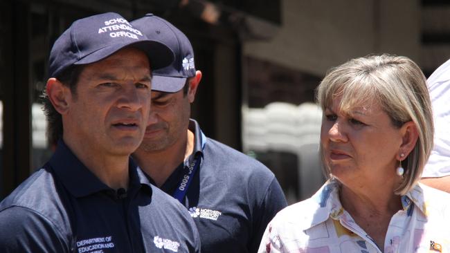 School attendance officers Cory and Jono Schwalger talk with Education and Training minister Jo Hersey while on patrol in Alice Springs on Thursday, February 6, 2025. Picture: Gera Kazakov