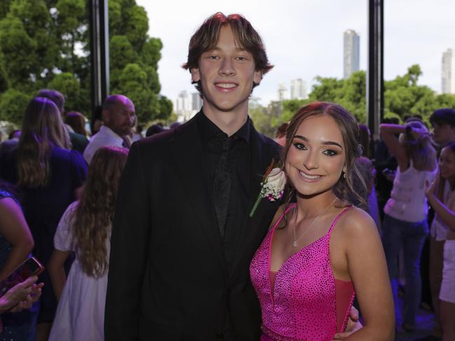 Hunter O'Brien and Jasmine Dever at the Coomera Anglican College Formal at HOTA. Picture: Marcelo Lang.