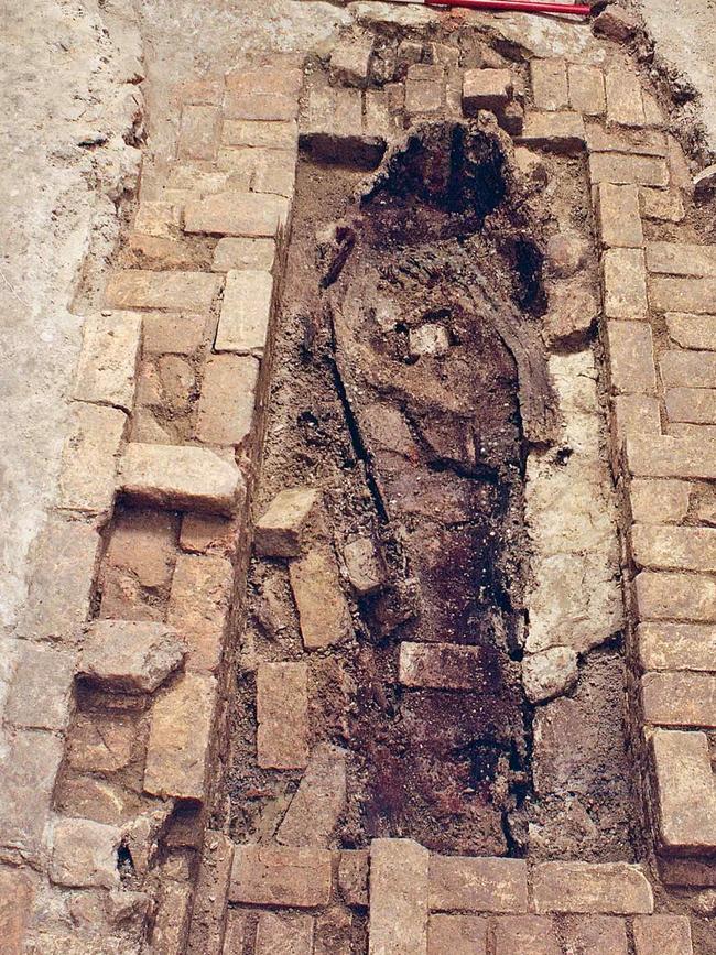 Convict gravesite with wooden coffin beneath Sydney Town Hall, found in 1991. Picture: Sydney of City archives