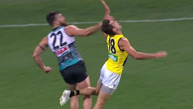 Alex Rance is bumped by Charlie Dixon in marking contest. Picture: Channel 7