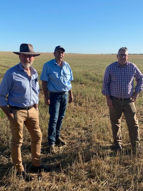 Rowan Ramsey, Napandee owner Jeff Baldock and Keith Pitt on Mr Baldock’s property near Kimba.