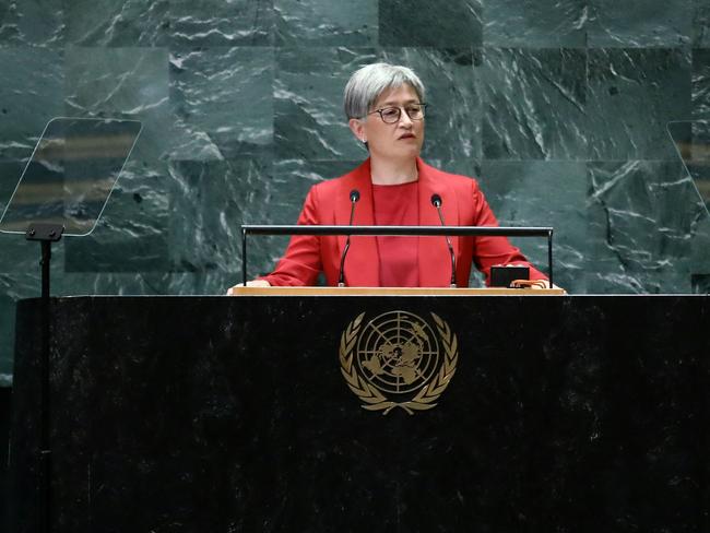 Australian Foreign Affairs Minister Penny Wong speaks during the 79th Session of the United Nations General Assembly at the United Nations headquarters in New York City. (Photo by Leonardo Munoz / AFP)