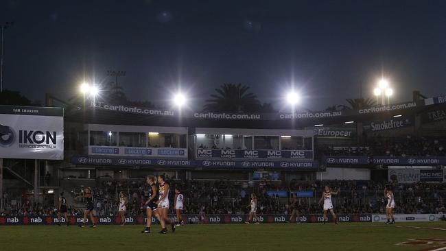 The Ikon Park lighting came under after the Blues’ AFLW match with the Brisbane Lions earlier this month. Pic: AAP