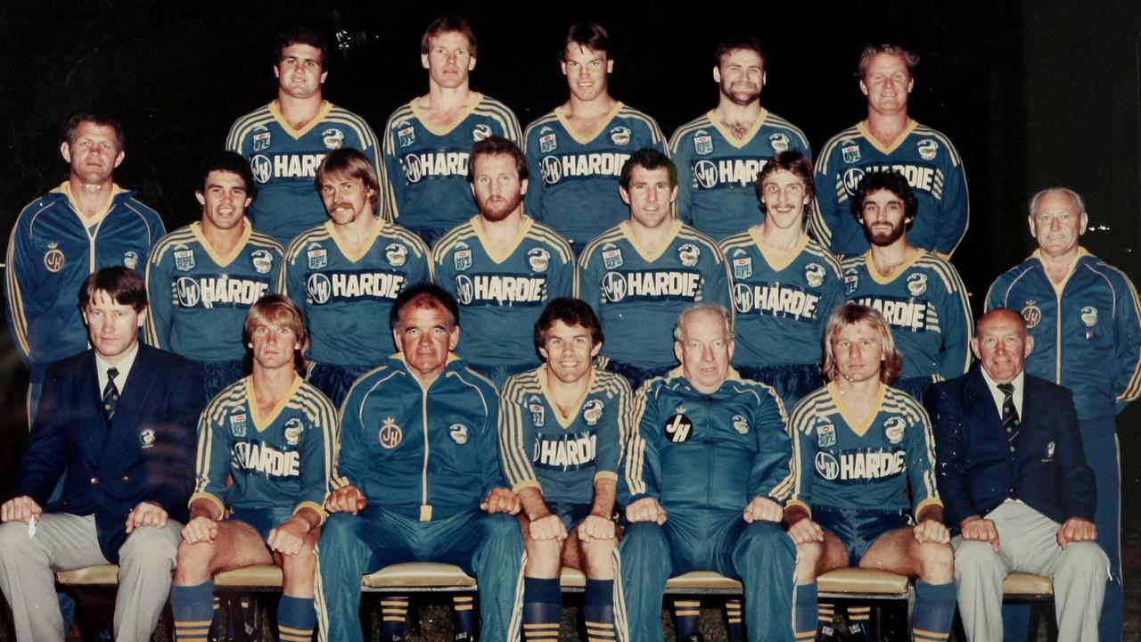 The 1983 Eels. Back row (L-R) Geoff Bugden, Peter Wynn, Paul Mares, Eric Grothe, Stan Jurd. Middle row (L-R) Mick Souter, David Liddiard, Steve Sharp, Ray Price, Michael Cronin, Brett Kenny, Steve Ella, Alf Richards. Front row (L-R) Denis Fitzgerald, Paul Taylor, Jack Gibson, Steve Edge, Ron Massey, Peter Sterling, Arthur Drew.