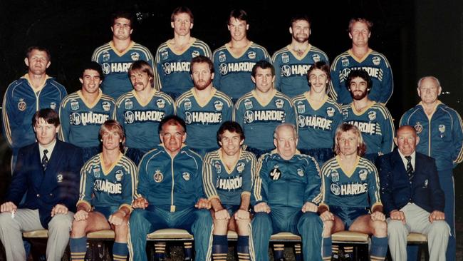 The 1983 Eels. Back row (L-R) Geoff Bugden, Peter Wynn, Paul Mares, Eric Grothe, Stan Jurd. Middle row (L-R) Mick Souter, David Liddiard, Steve Sharp, Ray Price, Michael Cronin, Brett Kenny, Steve Ella, Alf Richards. Front row (L-R) Denis Fitzgerald, Paul Taylor, Jack Gibson, Steve Edge, Ron Massey, Peter Sterling, Arthur Drew.