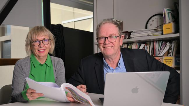 Shelter Tas CEO Pattie Chugg with Professor Peter Phibbs, who has released a damning report into the effect of short stays on Tasmania's long-term rental market. Picture: Kenji Sato