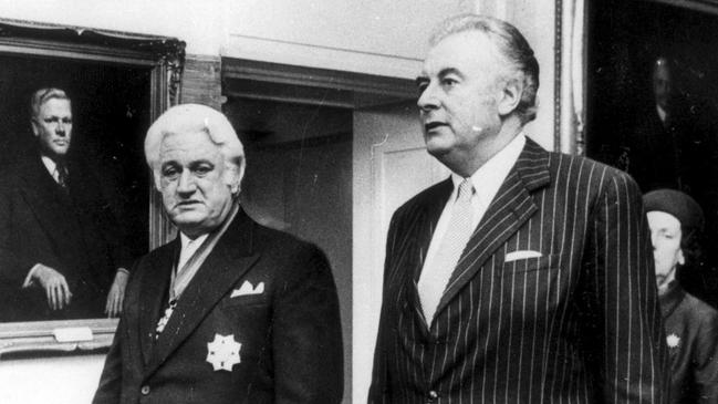 Sir John Kerr at his swearing-in as governor-general in 1974, with Gough Whitlam.