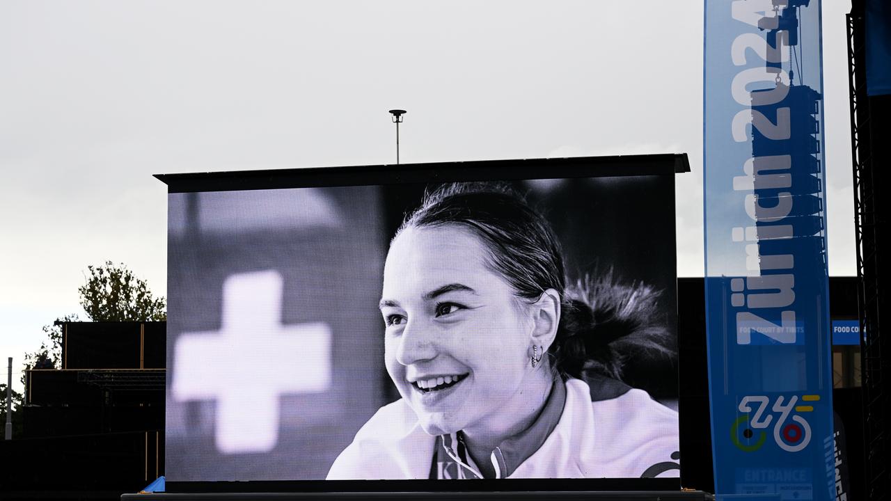 A screen in Zurich shows cyclist Muriel Furrer, who sadly passed away after suffering a severe head injury at the UCI Paracycling and Road World Championships 2024. (Photo by Dario Belingheri/Getty Images)