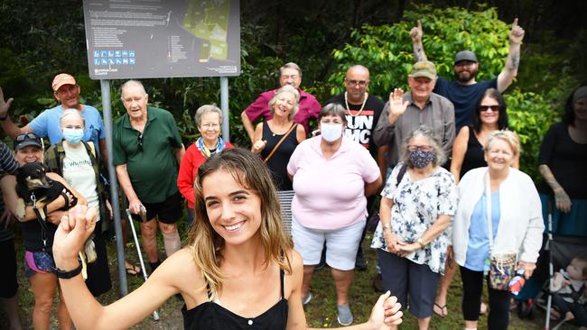 Sunshine Coast Council has set a proposal to clear Ben Bennett Bushland for a four-lane road, Caloundra. Jasmyne Case is pictured with local residents who opposed the planning. Picture: Patrick Woods.