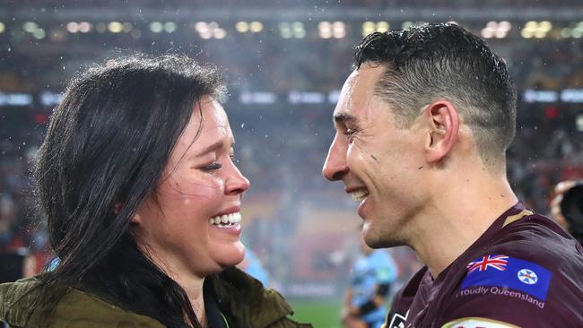 Billy Slater with his wife Nicole after winning game three of the State of Origin series this year. Picture: Cameron Spencer/Getty Images