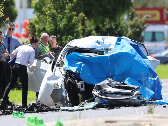 MELBOURNE, AUSTRALIA - JANUARY 23 2024The scene where two people have been killed after a stolen car smashed into a power pole in MelbourneÃs north.Picture: Brendan Beckett