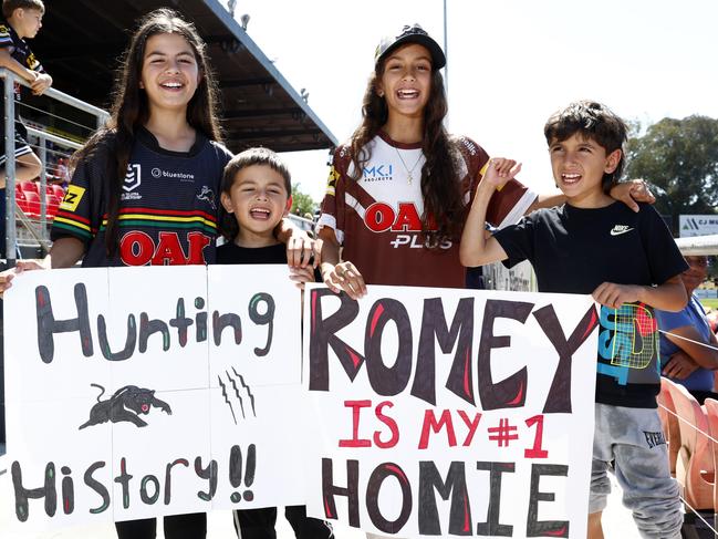 Polina Nassif, 10, Anthony, 6, Elliyah, 11, and Milad, 8, at the Penrith Panthers Fan Day and open training session at BlueBet Stadium, Penrith. Picture: Jonathan Ng