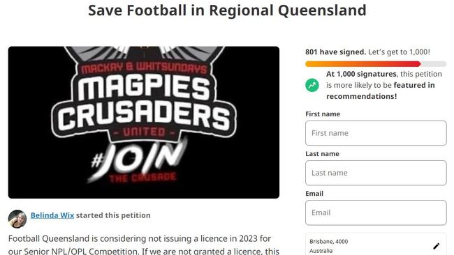 A change.org petition to support Magpies Crusaders United FC started by Mackay mum Belinda Wix on August 5, 2022, has already reached 800 signatures within four days.