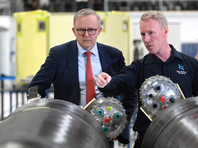 BRISBANE, AUSTRALIA - NewsWire Photos - MAY 17, 2023. Australian Prime Minister Anthony Albanese (left) listens to Gilmour Space TechnologiesÃ CEO Adam Gilmour as he visits the companyÃs rocket manufacturing facility on the Gold Coast. The company designs and manufactures space rockets.Picture: Dan Peled / NCA NewsWire