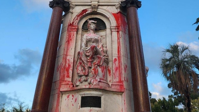 It’s expected to cost $5000 to clean up this statue of Queen Victoria, which was doused in red paint over the weekend. Picture: Victoria Police.