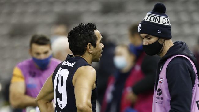 Eddie Betts speaks with training staff. Picture: Getty Images