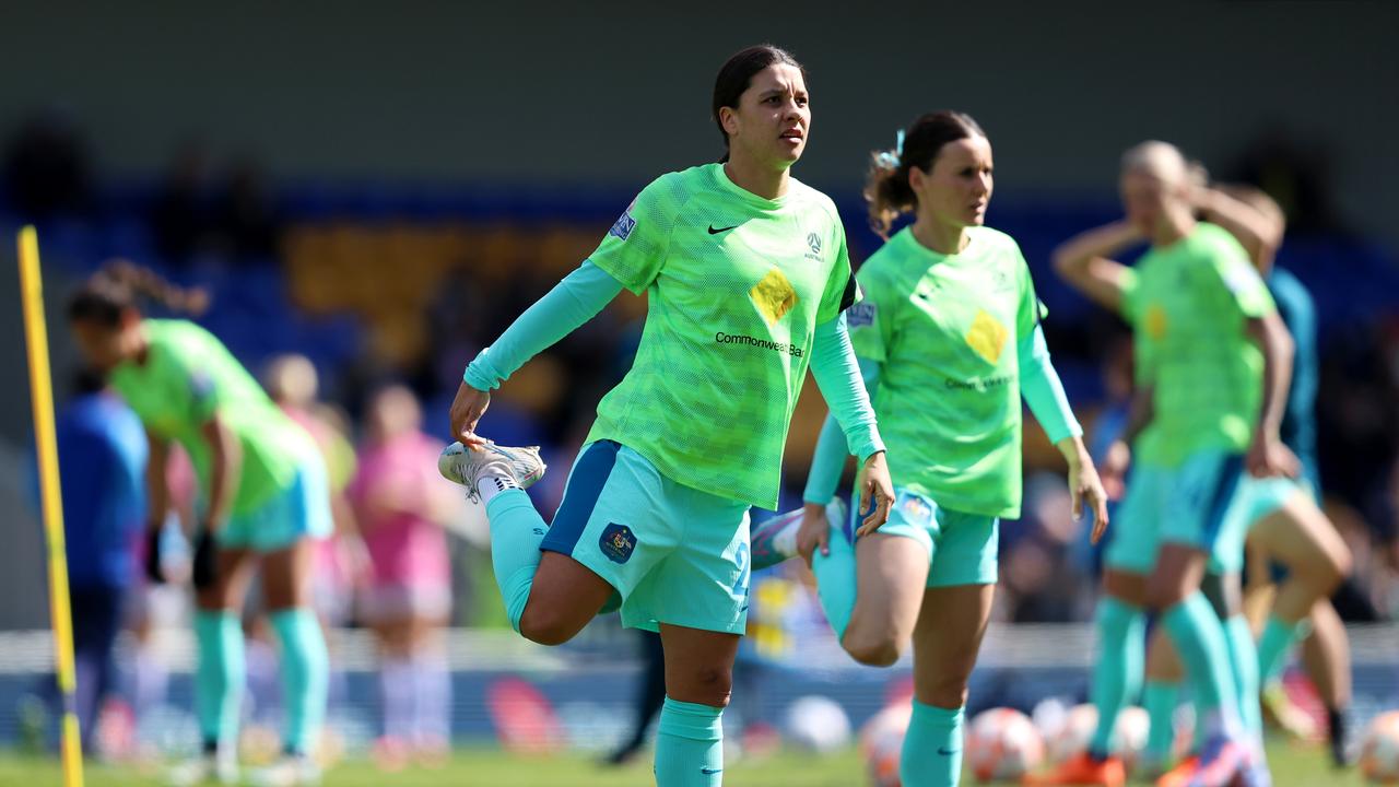 Sam Kerr was part of the warm-up but didn’t play against Scotland. Picture: Tom Dulat/Getty Images