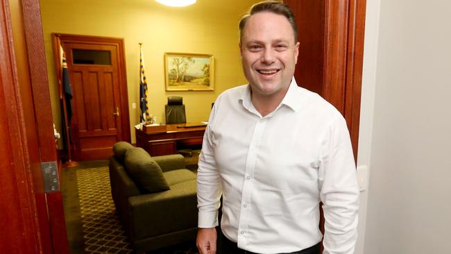 Adrian Schrinner, Lord Mayor of Brisbane, in his office on the night council election. Picture: Steve Pohlner