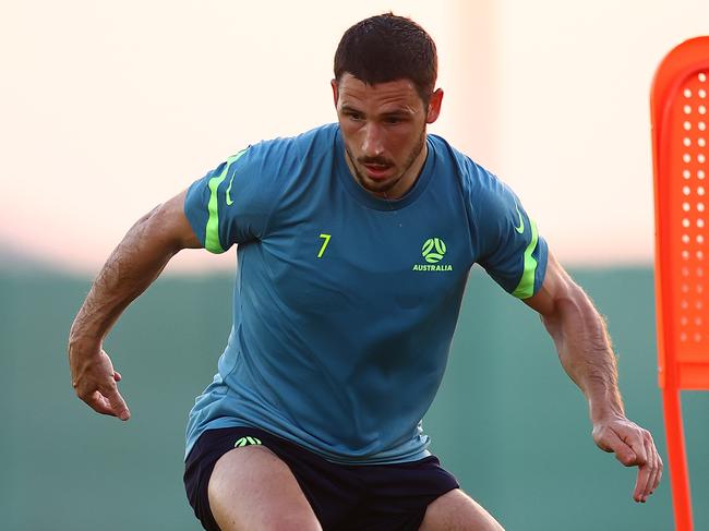 DUBAI, UNITED ARAB EMIRATES - MAY 27: Mathew Leckie in action during an Australian Socceroos training session on May 27, 2021 in Dubai, United Arab Emirates. (Photo by Francois Nel/Getty Images)