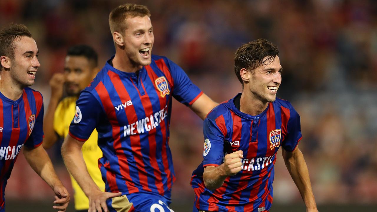 Matthew Ridenton of the Newcastle Jets celebrates. (Photo by Tony Feder/Getty Images)