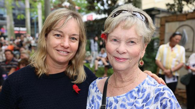 Linda Harris and Marilyn Quick at the Surfers Paradise RSL Anzac Day noon service 2025 at Cavill Park for Gold Coast at Large. Picture, Portia Large.