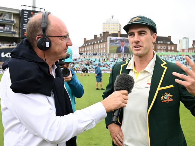 Pat Cummins of Australia talks to BBC test match special Jonathan Agnew prior to Day One of the LV= Insurance Ashes 5th Test Match between England and Australia at The Kia Oval on July 27, 2023 in London, England. (Photo by Gareth Copley - ECB/ECB via Getty Images)