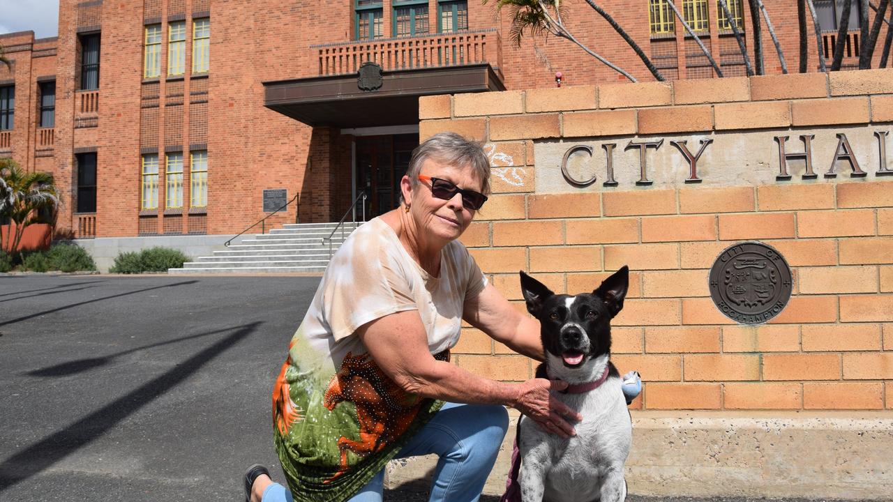 Lyn Laskus and her blue heeler x kelpie Yo Yo outside Rockhampton Regional Council’s City Hall.