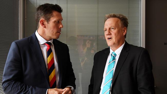 Adelaide Football Club CEO Andrew Fagan and Port Adelaide Football Club CEO Keith Thomas. Picture: AAP Image/Tracey Nearmy